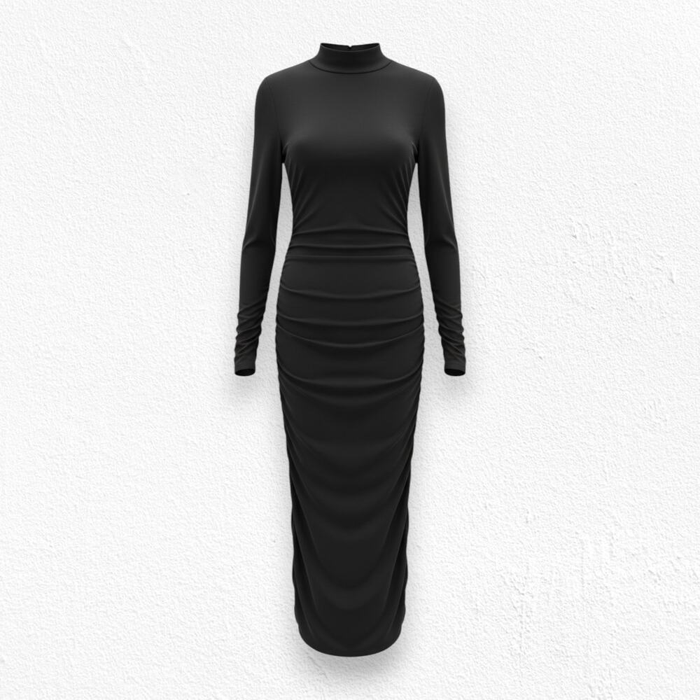Sanctuary Black Ruched Long Sleeve Contemporary Midi Bodycon Dress Size Medium